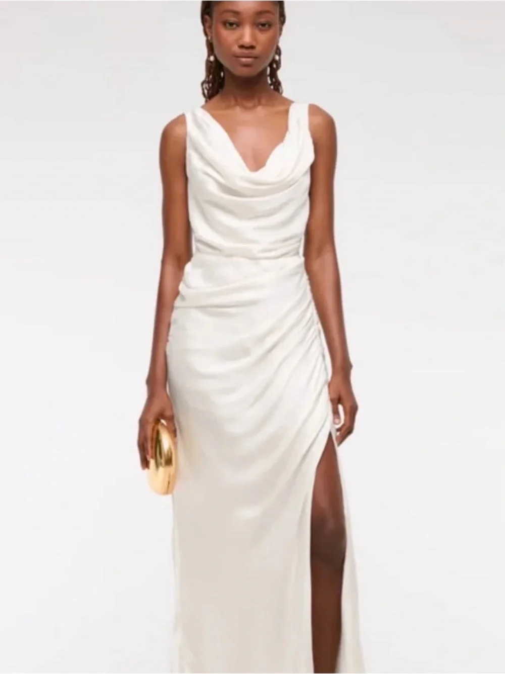 Abercrombie and fitch Elegant Ivory Cowl Neck Evening Dress with Side Thigh Slit